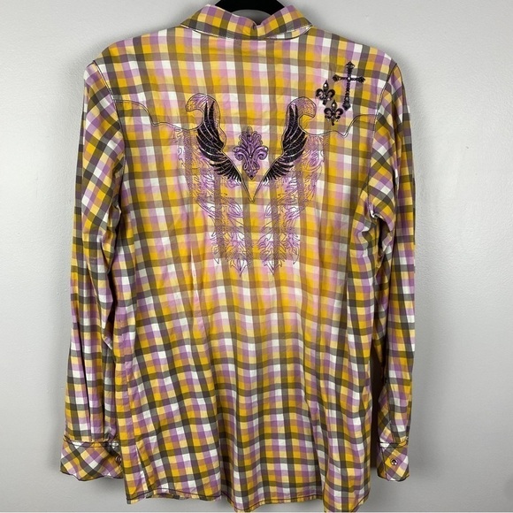Wrangler Rock 47 Woven Sunbleach Plaid Snap Down Shirt Large Yellow Lilac - Picture 11 of 15